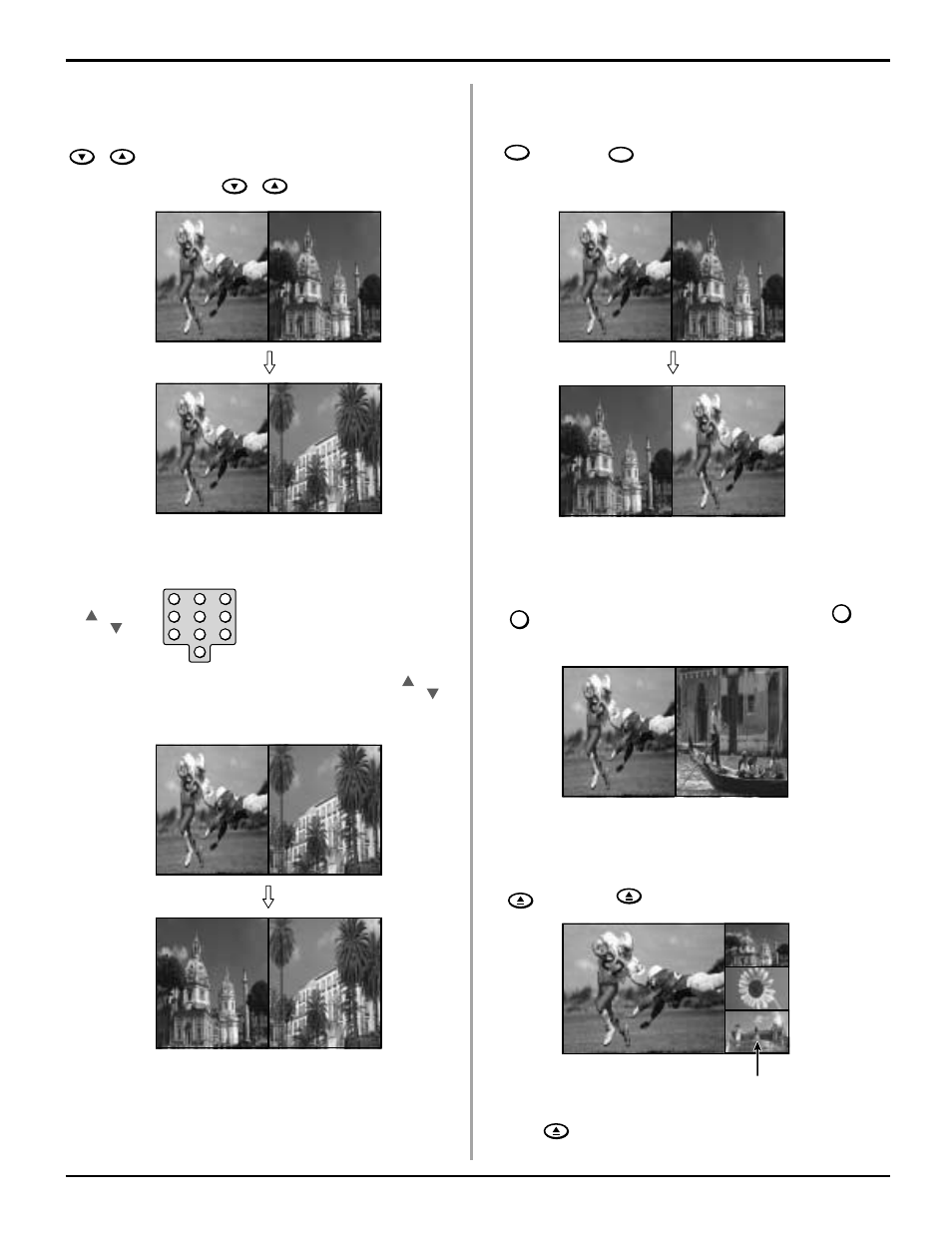 Split screen, Changing the channels for the split screen, Swapping left and right screens | Changing the channels for the main picture, Viewing videos, Searching the other channels | Panasonic CT 30WX52 User Manual | Page 45 / 72