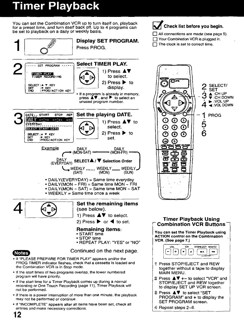 Display set program, Select timer play, Set the playing date | Set the remaining items, See below), Remaining items, Timer playback using combination vcr buttons, Timer playback | Panasonic AG-520D PROLINE User Manual | Page 12 / 40