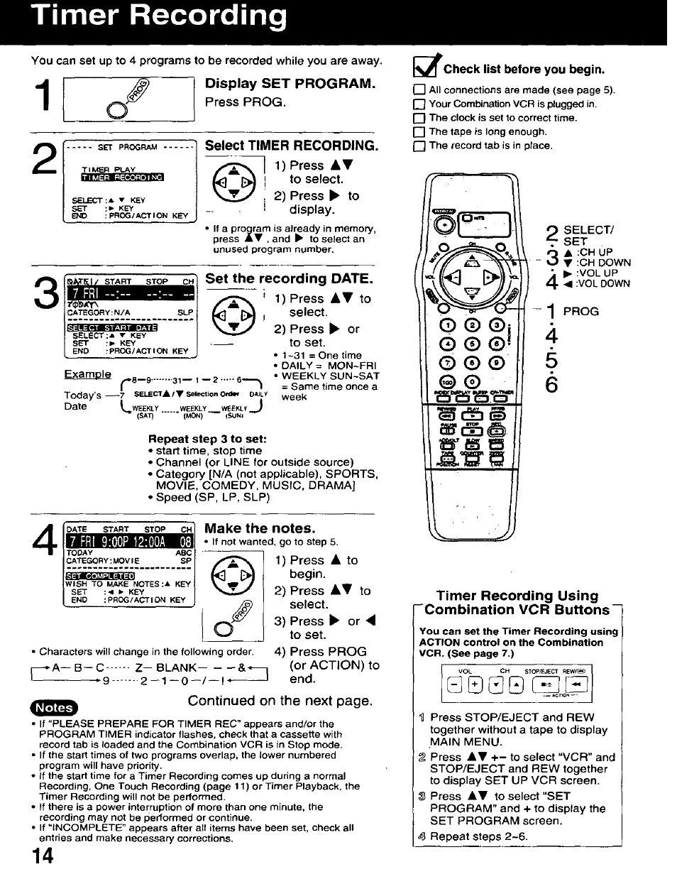 Display set program, Select timer recording, Set the recording date | Repeat step 3 to set, Make the notes, Timer recording using combination vcr buttons, Timer recording, Check list before you begin | Panasonic AG-520D PROLINE User Manual | Page 14 / 40