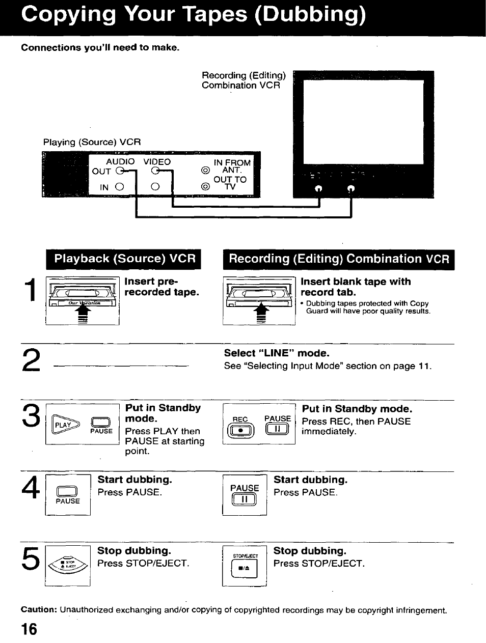 Connections you’ll need to make, Insert prerecorded tape, Insert blank tape with record tab | Select ‘‘line’’ mode, Copying your tapes (dubbing) | Panasonic AG-520D PROLINE User Manual | Page 16 / 40