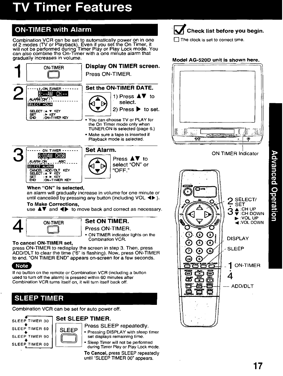 On-timer with alarm, Display on timer screen, Press on-timer | Set the on-timer date, 1) press aw to select, 2) press ► to set, 00am ch08, Set alarm, Press aw to select “on” or “off, When “on" is selected | Panasonic AG-520D PROLINE User Manual | Page 17 / 40