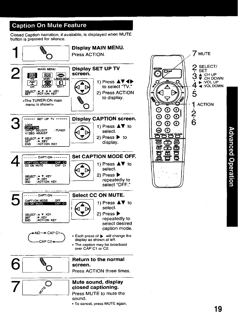 Caption on mute feature, Display main menu, Display set up tv screen | Asiba, Display caption screen, Set caption mode off, Select cc on mute, Return to the normal screen, Mute sound, display closed captioning | Panasonic AG-520D PROLINE User Manual | Page 19 / 40