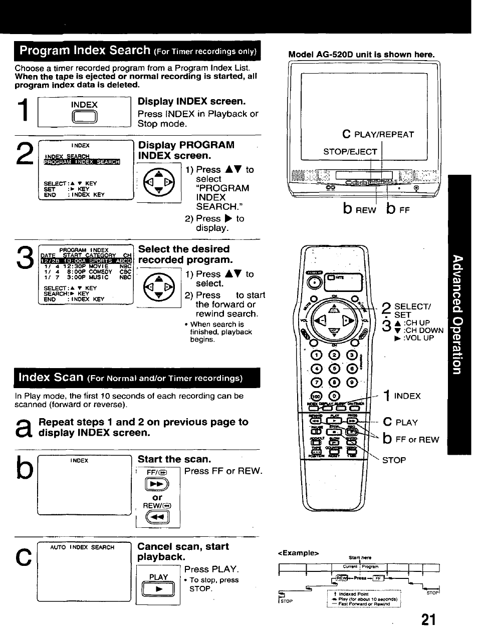 Display index screen, Display program index screen, Select the desired recorded program | Start the scan, Cancel scan, start playback, Index scan, Ocaaend'j i | Panasonic AG-520D PROLINE User Manual | Page 21 / 40