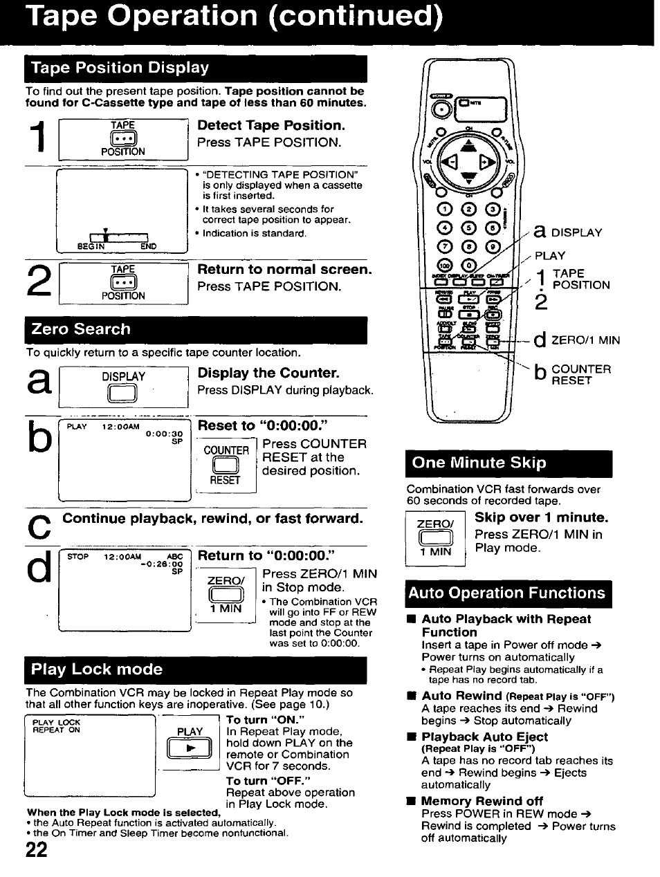 Tape position display, Detect tape position, Return to normal screen | Zero search, Display the counter, Continue playback, rewind, or fast forward, Return to “0:00:00, Play lock mode, One minute skip, Skip over 1 minute | Panasonic AG-520D PROLINE User Manual | Page 22 / 40