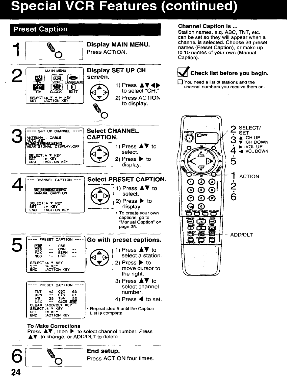 Display set up ch screen, Select channel caption, Select preset caption | Go with preset captions, Channel caption is, Check list before you begin, End setup, Special vcr features (continued), Preset caption | Panasonic AG-520D PROLINE User Manual | Page 24 / 40