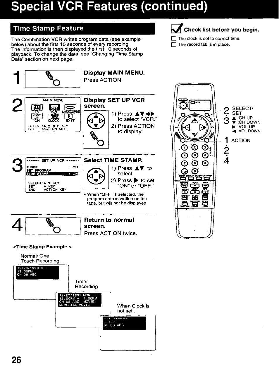 Time stamp feature, Display main menu, Press action | Display set up vcr screen, 1) press, To select “vcr, 2) press action to display, Select time stamp, 1 ) press at to select, 2) press ► to set “on” or “off | Panasonic AG-520D PROLINE User Manual | Page 26 / 40