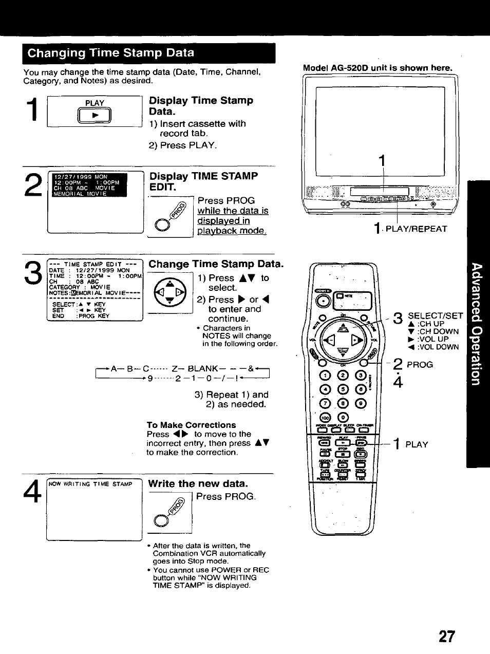 Changing time stamp data, Display time stamp data, Display time stamp edit | Change time stamp data, To make corrections, Op c«n, O cd o, O © ®, o | Panasonic AG-520D PROLINE User Manual | Page 27 / 40