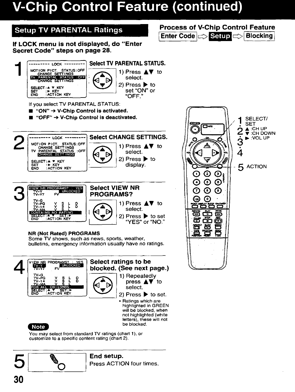 Setup tv parental ratings, Process of v-chip control feature, Enter | Lock select tv parental status, Select change settings, Select view nr programs, Nr (not rated) programs, 1) repeatedly press at to select, 2) press ► to set, V-chip control feature (continued) | Panasonic AG-520D PROLINE User Manual | Page 30 / 40