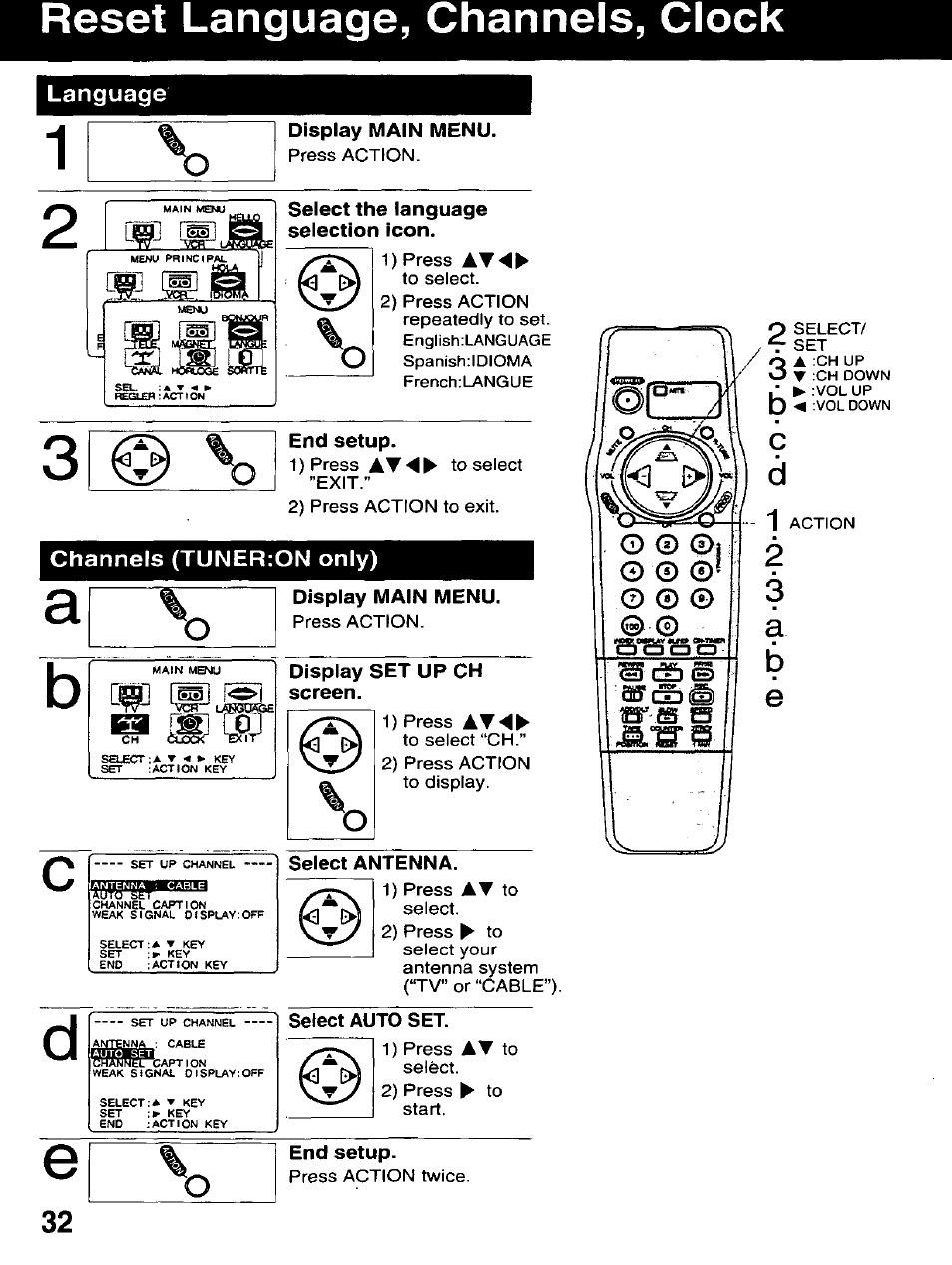 End setup, Channels (tuner:on only), Display main menu | Display set up ch screen, Select antenna, Select auto set, Reset language, channels, clock, Language | Panasonic AG-520D PROLINE User Manual | Page 32 / 40