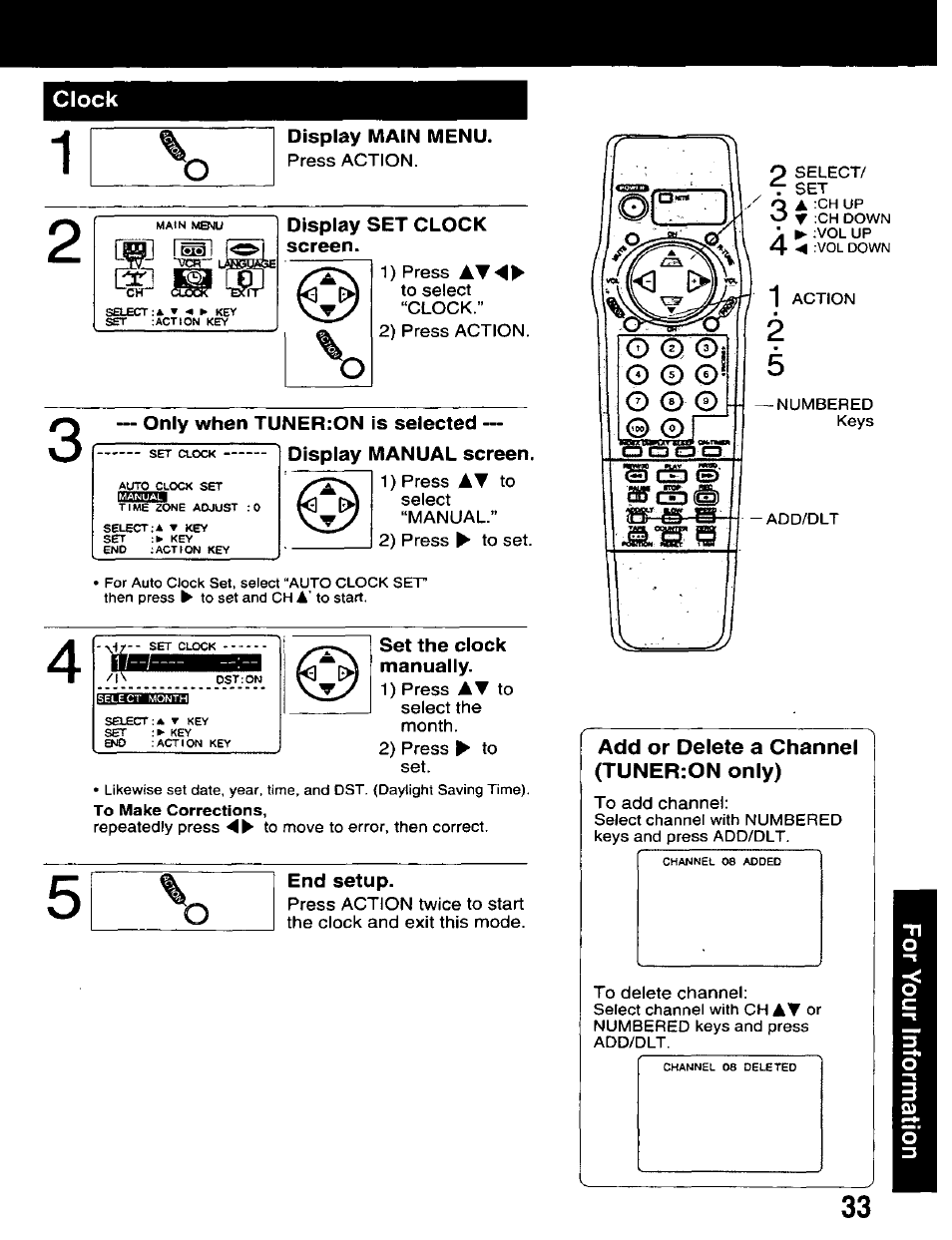 Display set clock screen, Only when tuner:on is selected, Display manual screen | Set the clock manually, Add or delete a channel (tuner:on only), Clocl | Panasonic AG-520D PROLINE User Manual | Page 34 / 40