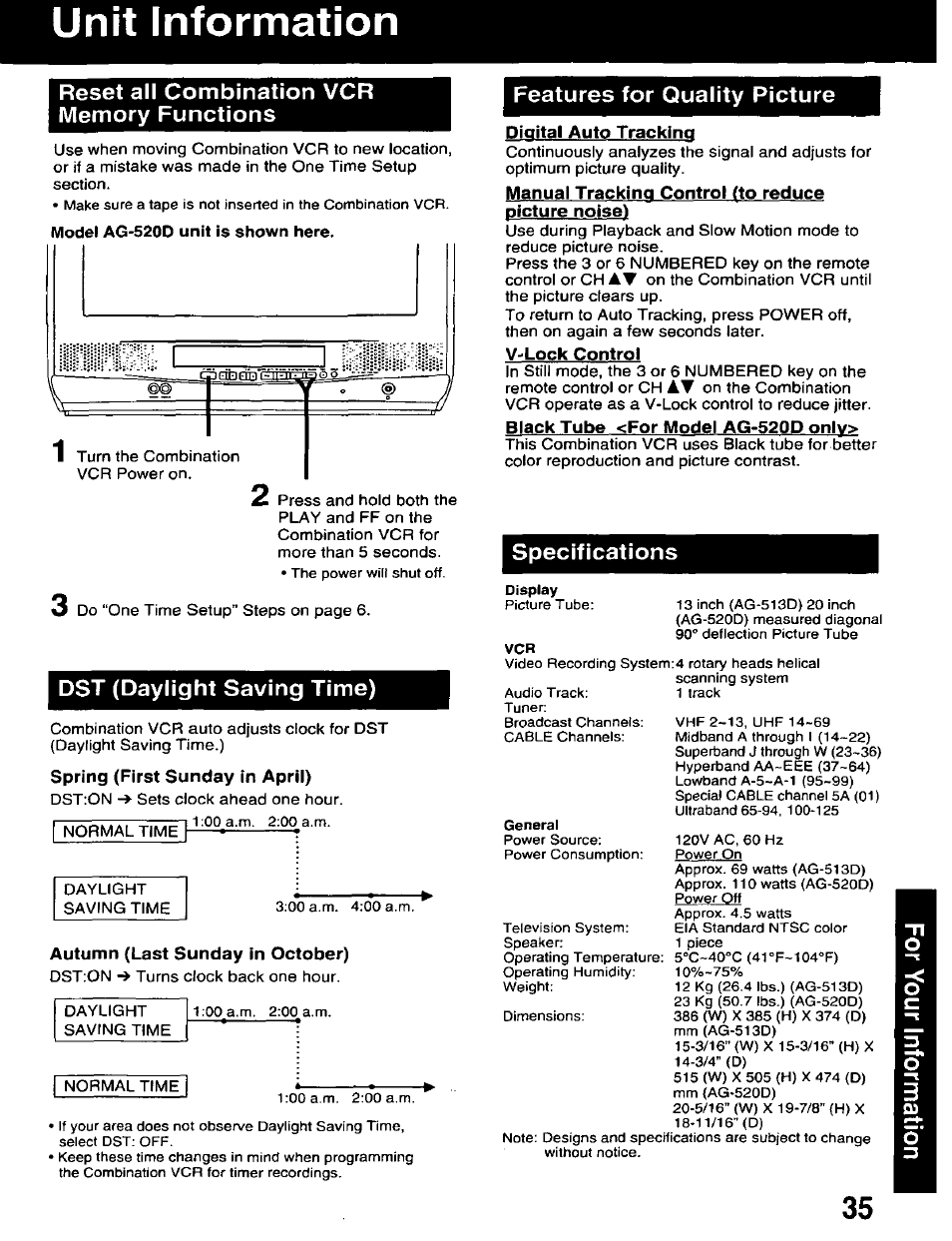 Reset all combination vcr memory functions, Model ag-5200 unit is shown here, Dst (daylight saving time) | Autumn (last sunday in october), Features for quality picture, Digital auto tracking, Specifications, Unit information | Panasonic AG-520D PROLINE User Manual | Page 35 / 40