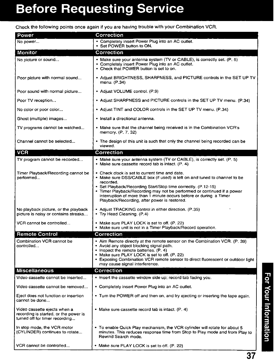 Before requesting service, Monitor correction, Vcr correction | Remote control correction, Miscellaneous correction | Panasonic AG-520D PROLINE User Manual | Page 37 / 40