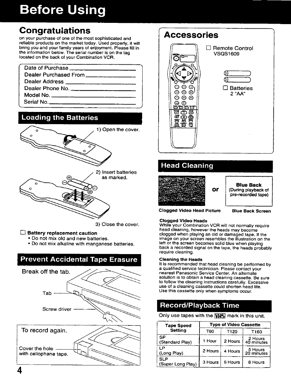 Congratulations, Loading the batteries, Prevent accidental tape erasure | Accessories, Blue back, Record/playback time, Before using | Panasonic AG-520D PROLINE User Manual | Page 4 / 40