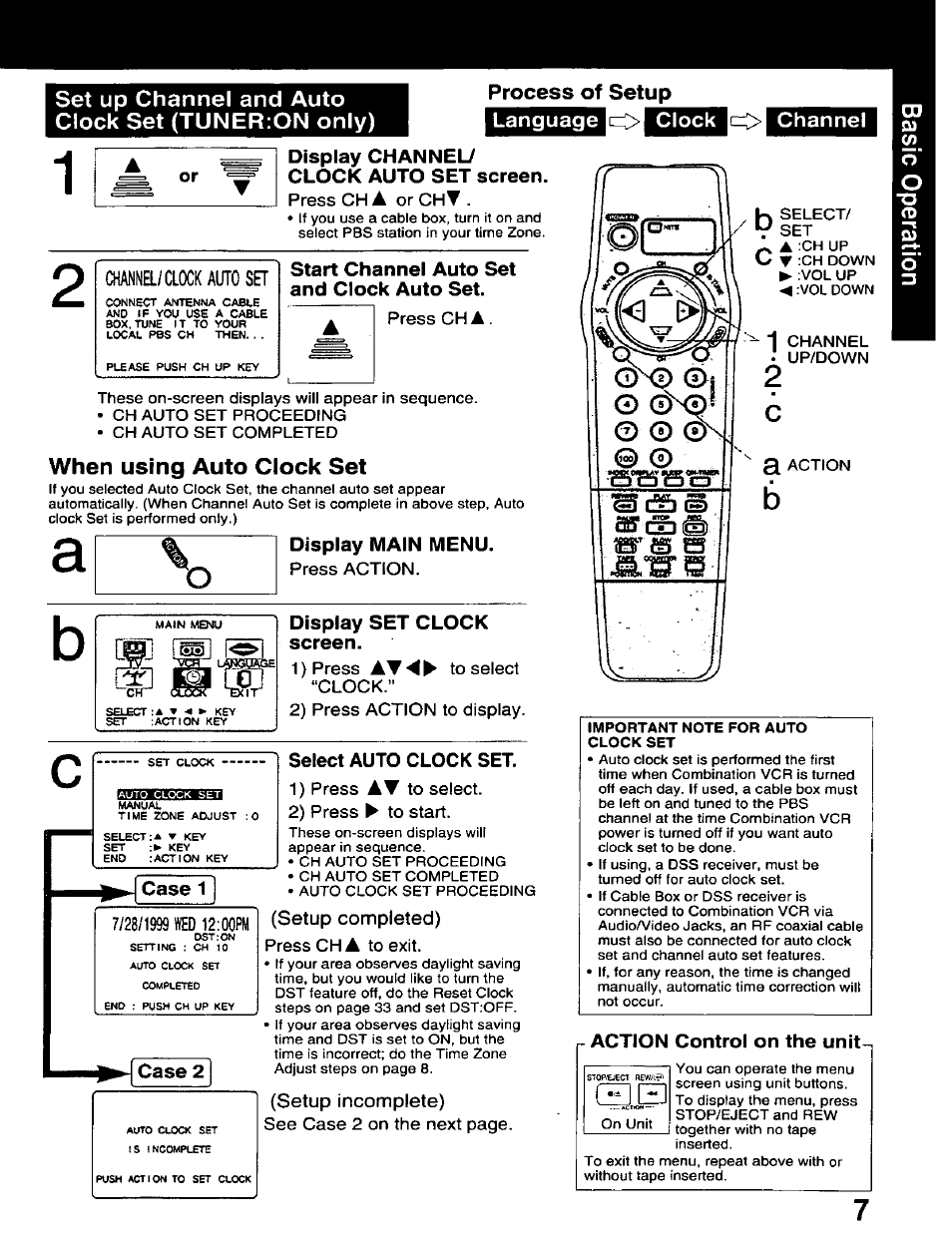 Set up channel and auto clock set (tuner:on only), Process of setup, Language | Clock, Channel, Display channel/ clock auto set screen, Channe/clxk auto set, Start channel auto set and clock auto set, When using auto clock set, Display main menu | Panasonic AG-520D PROLINE User Manual | Page 7 / 40