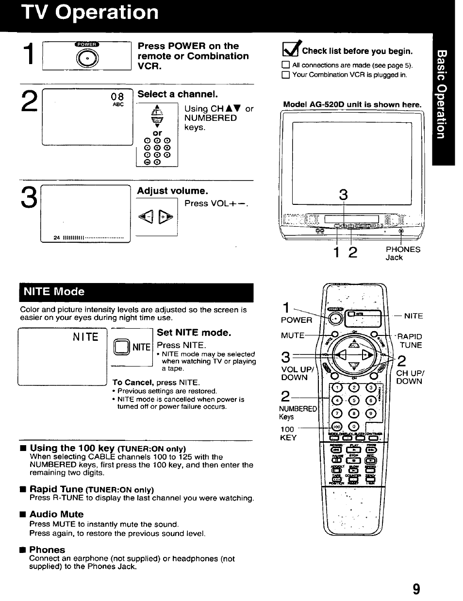 Mite mode, Set nite mode, Audio mute | Phones, Using the 100 key, Rapid tune | Panasonic AG-520D PROLINE User Manual | Page 9 / 40