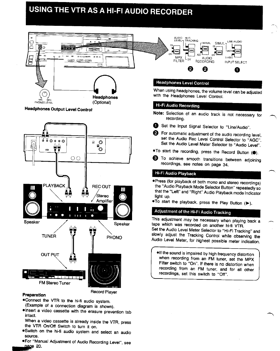 Using the vtr as a hi-fi audio recorder, Preparation | Panasonic NV-FS1 User Manual | Page 22 / 40
