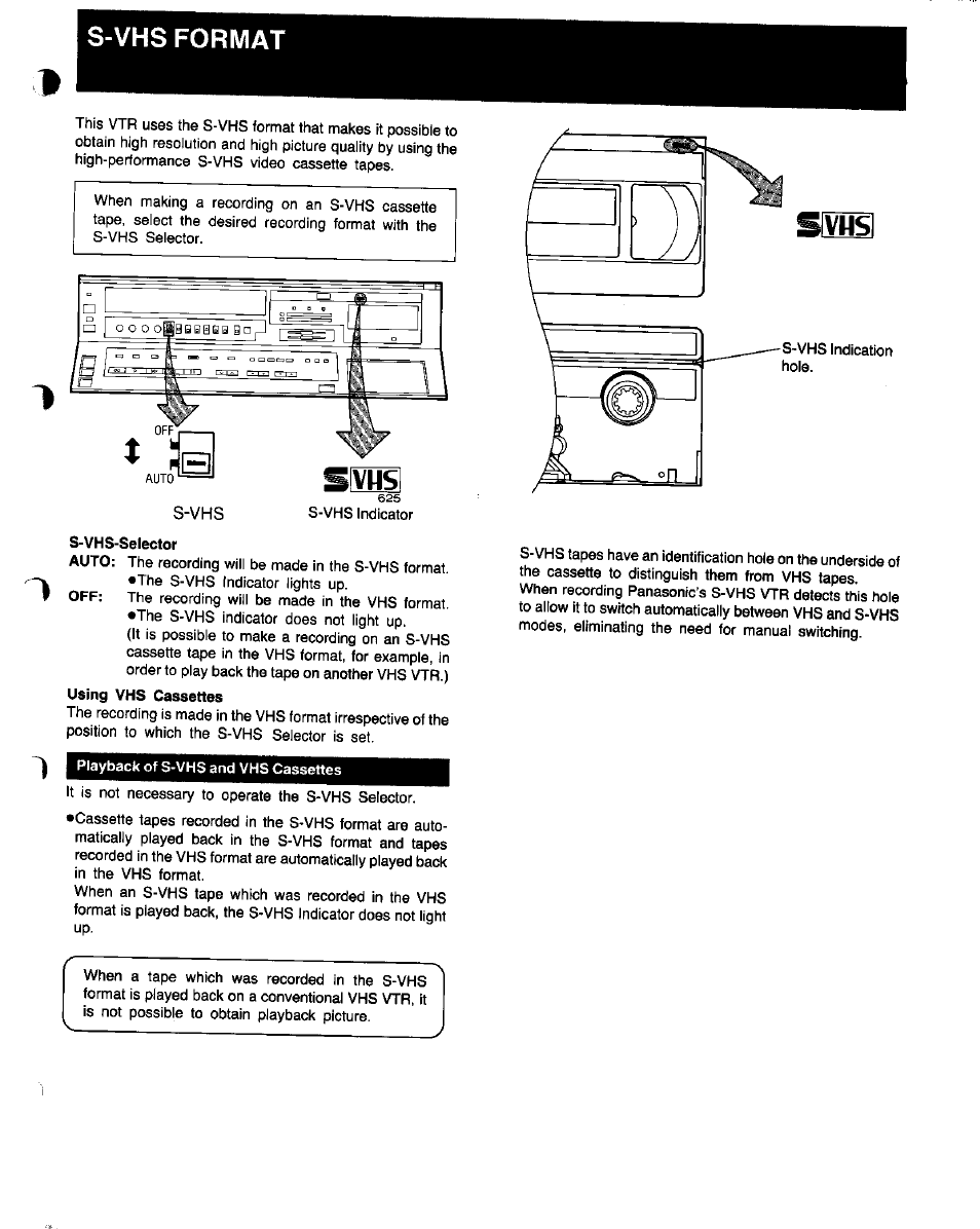 S-vhs format, S-vhs-selector | Panasonic NV-FS1 User Manual | Page 9 / 40