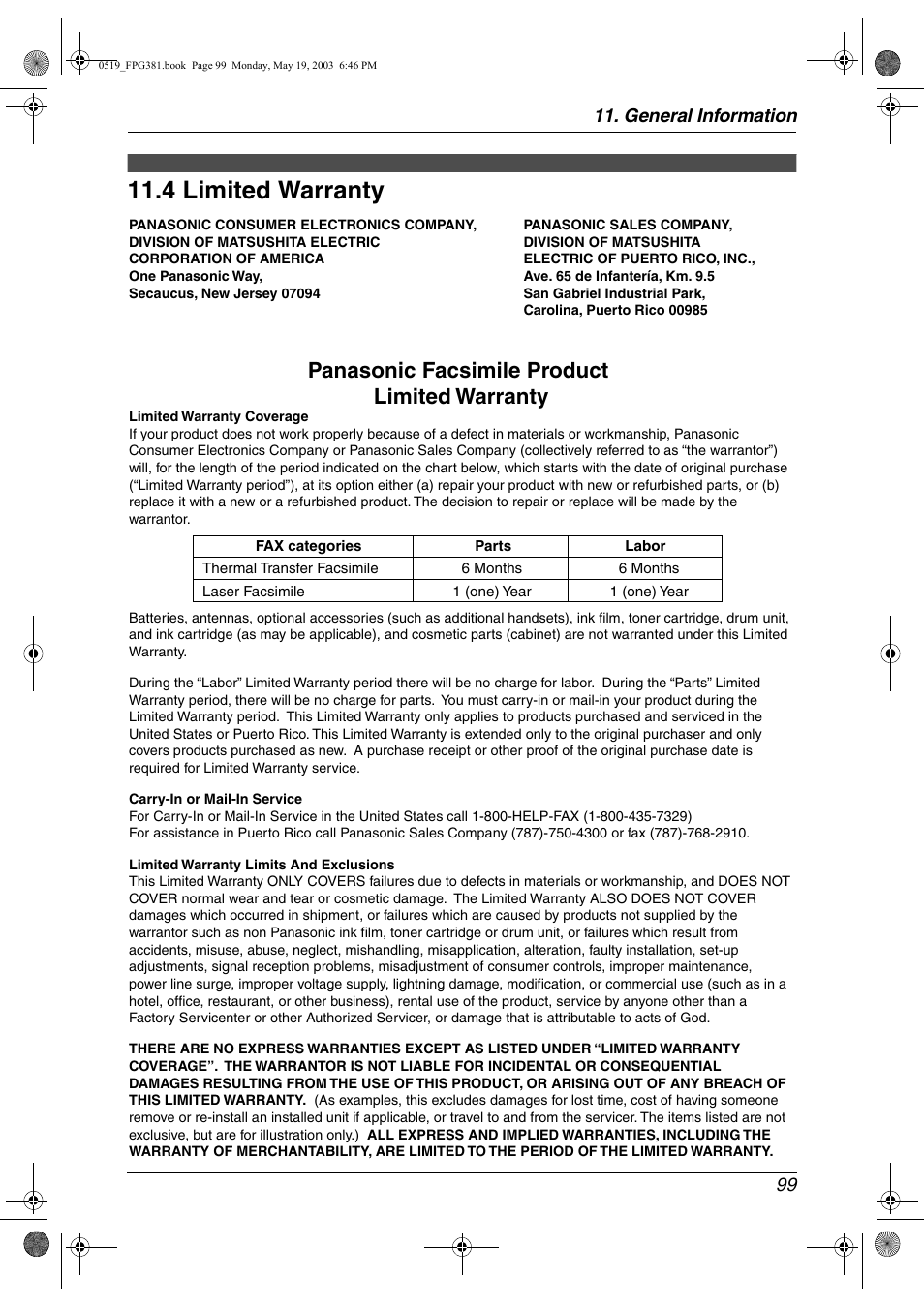 Limited warranty, 4 limited warranty, Panasonic facsimile product limited warranty | General information 99 | Panasonic KX-FPG381 User Manual | Page 101 / 106