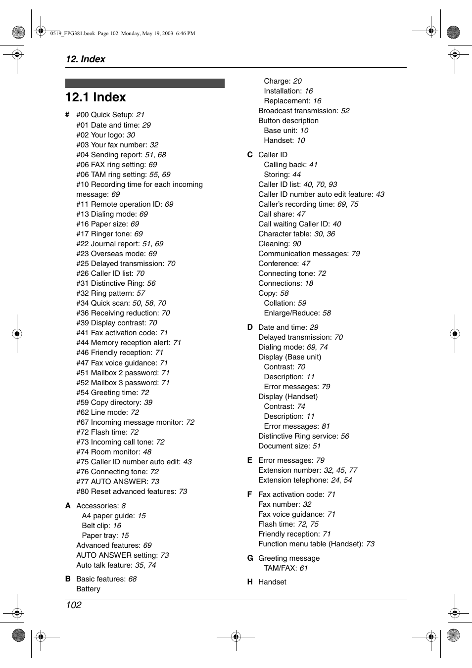 Index, 1 index, Index 102 | Panasonic KX-FPG381 User Manual | Page 104 / 106