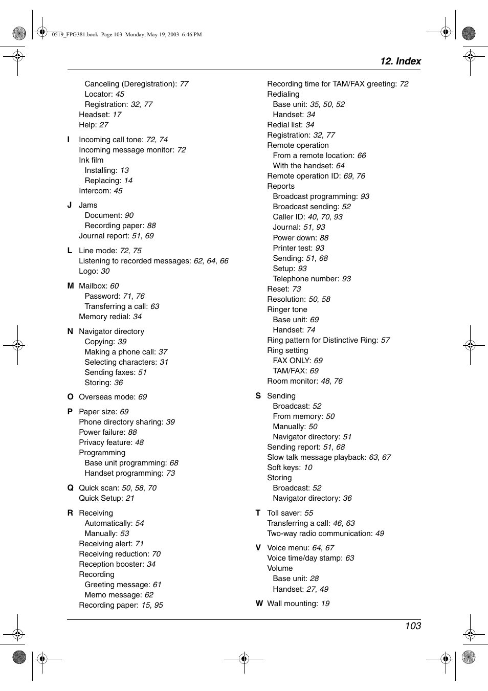 Index 103 | Panasonic KX-FPG381 User Manual | Page 105 / 106