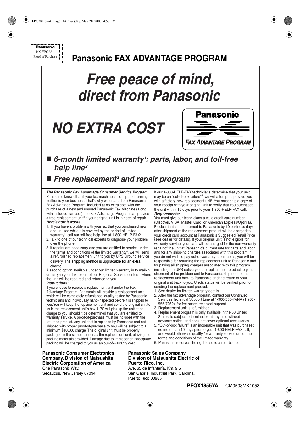 Panasonic fax advantage program, Month limited warranty, Parts, labor, and toll-free help line | Free replacement, And repair program | Panasonic KX-FPG381 User Manual | Page 106 / 106