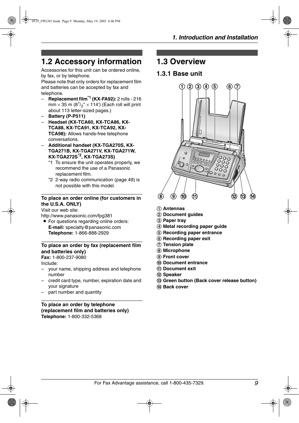Finding the controls, Accessory information, Overview | 2 accessory information, 3 overview, 1 base unit | Panasonic KX-FPG381 User Manual | Page 11 / 106
