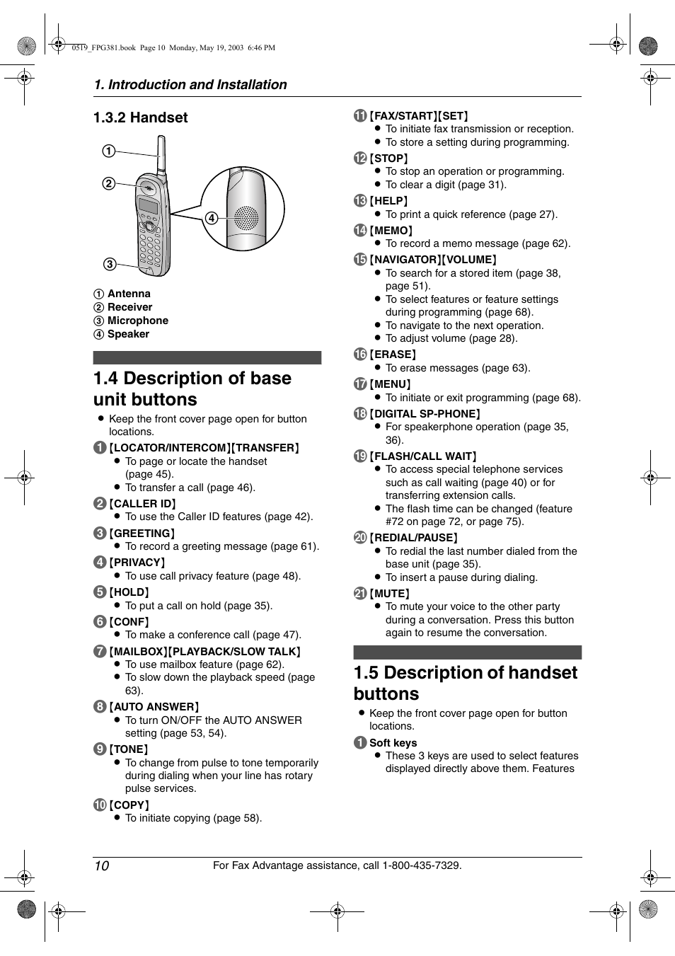 Description of base unit buttons, Description of handset buttons, 4 description of base unit buttons | 5 description of handset buttons, 2 handset | Panasonic KX-FPG381 User Manual | Page 12 / 106