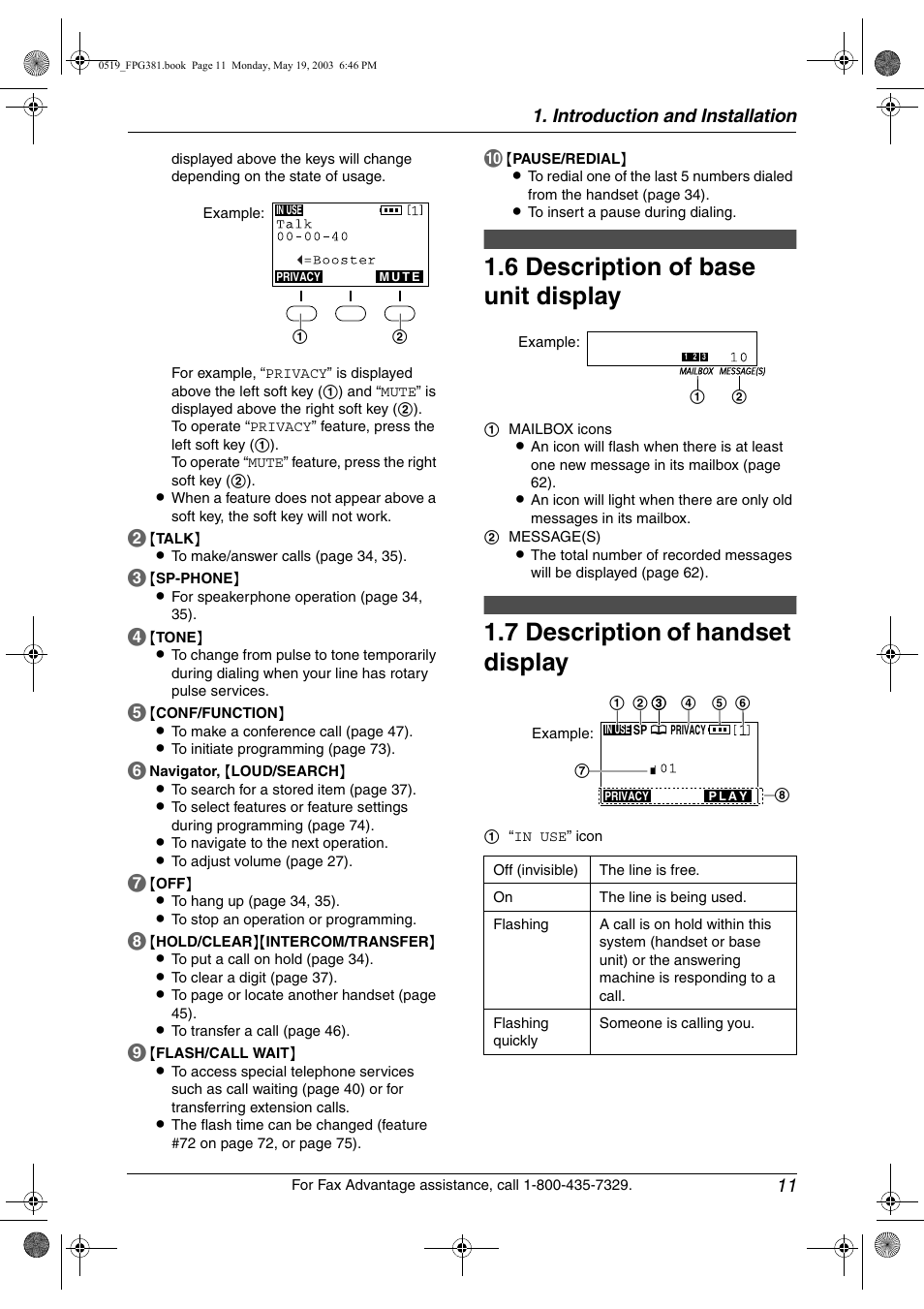 Description of base unit display, Description of handset display, Introduction and installation 11 | Panasonic KX-FPG381 User Manual | Page 13 / 106
