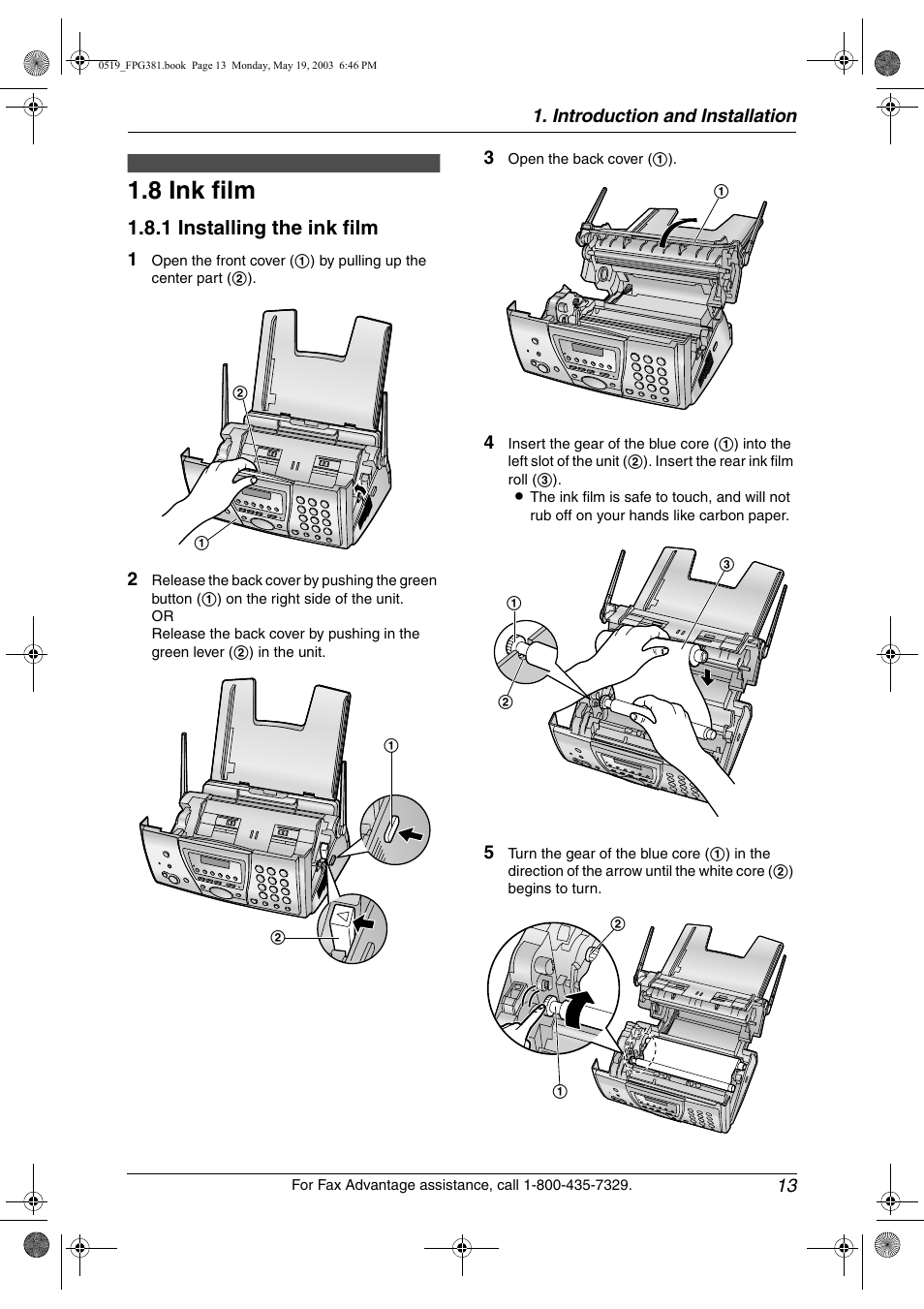 Installation (base unit), Ink film, 8 ink film | 1 installing the ink film | Panasonic KX-FPG381 User Manual | Page 15 / 106