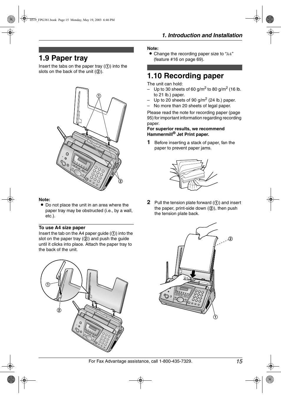 Paper tray, Recording paper, 9 paper tray | 10 recording paper, Introduction and installation 15 | Panasonic KX-FPG381 User Manual | Page 17 / 106