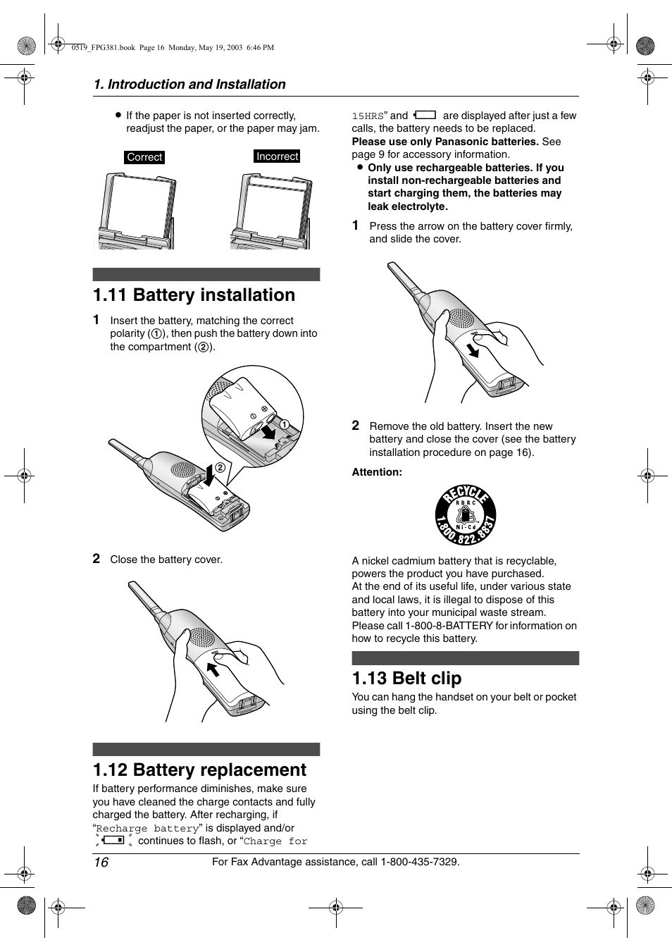 Installation (handset), Battery installation, Battery replacement | Belt clip, 11 battery installation, 12 battery replacement, 13 belt clip | Panasonic KX-FPG381 User Manual | Page 18 / 106