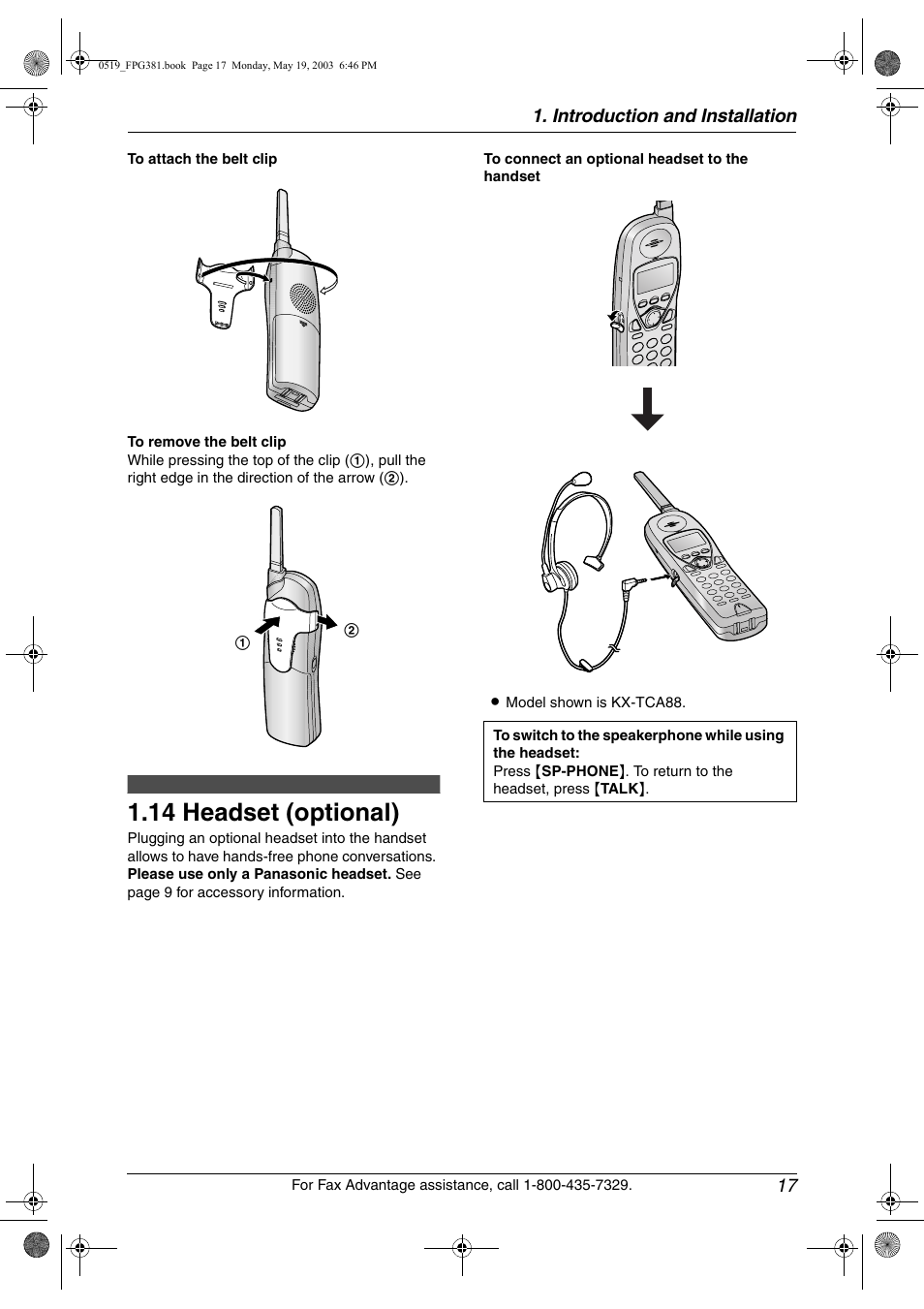 Headset (optional), 14 headset (optional) | Panasonic KX-FPG381 User Manual | Page 19 / 106