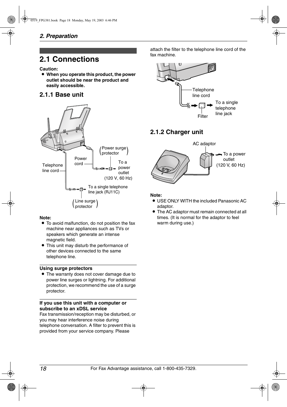Preparation, Connections and setup, Connections | 1 connections, 1 base unit, 2 charger unit, Preparation 18 | Panasonic KX-FPG381 User Manual | Page 20 / 106