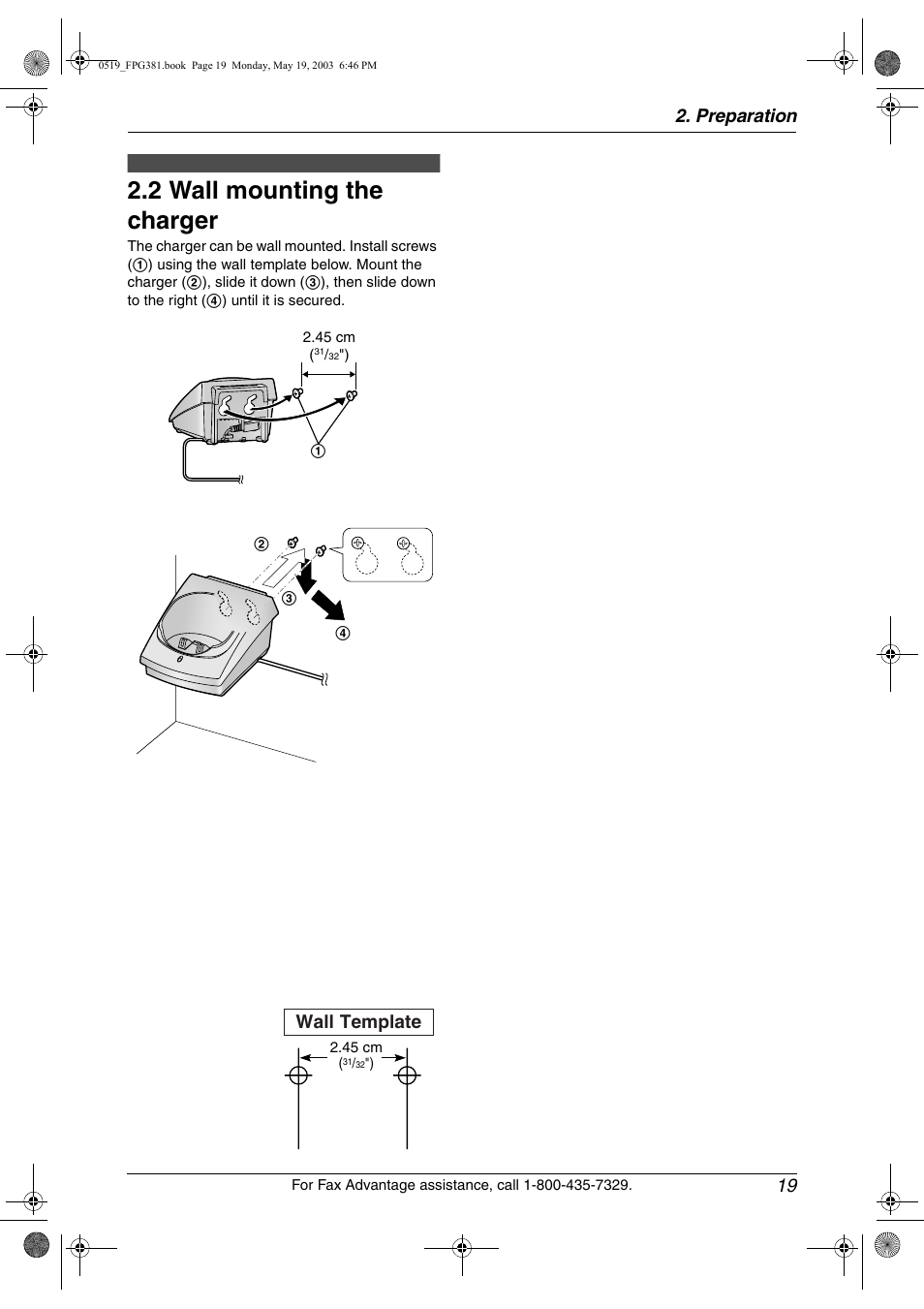 Wall mounting the charger, 2 wall mounting the charger, Preparation 19 | Wall template | Panasonic KX-FPG381 User Manual | Page 21 / 106