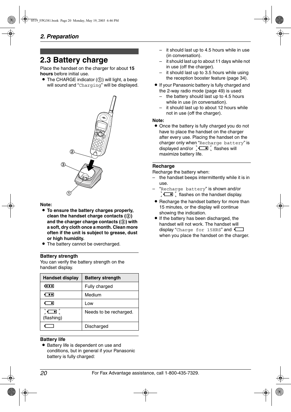 Battery charge, 3 battery charge, Preparation 20 | Panasonic KX-FPG381 User Manual | Page 22 / 106