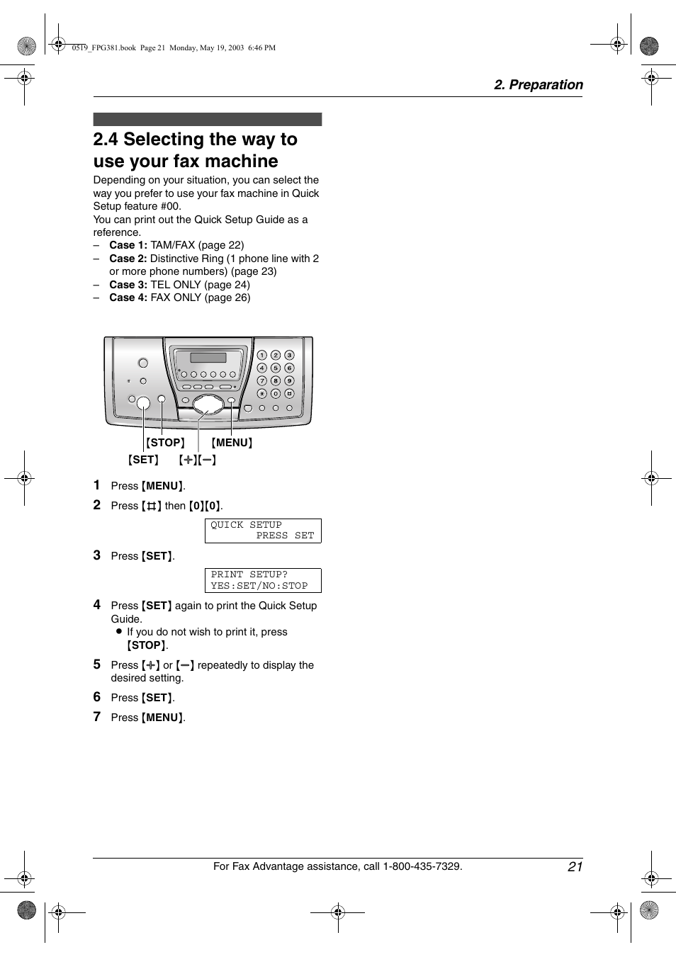 Selecting the way to use your fax machine, 4 selecting the way to use your fax machine | Panasonic KX-FPG381 User Manual | Page 23 / 106