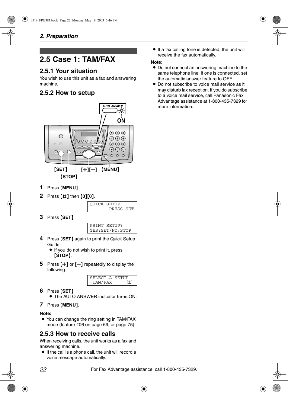 Case 1: tam/fax, 5 case 1: tam/fax, 1 your situation | 2 how to setup, 3 how to receive calls | Panasonic KX-FPG381 User Manual | Page 24 / 106