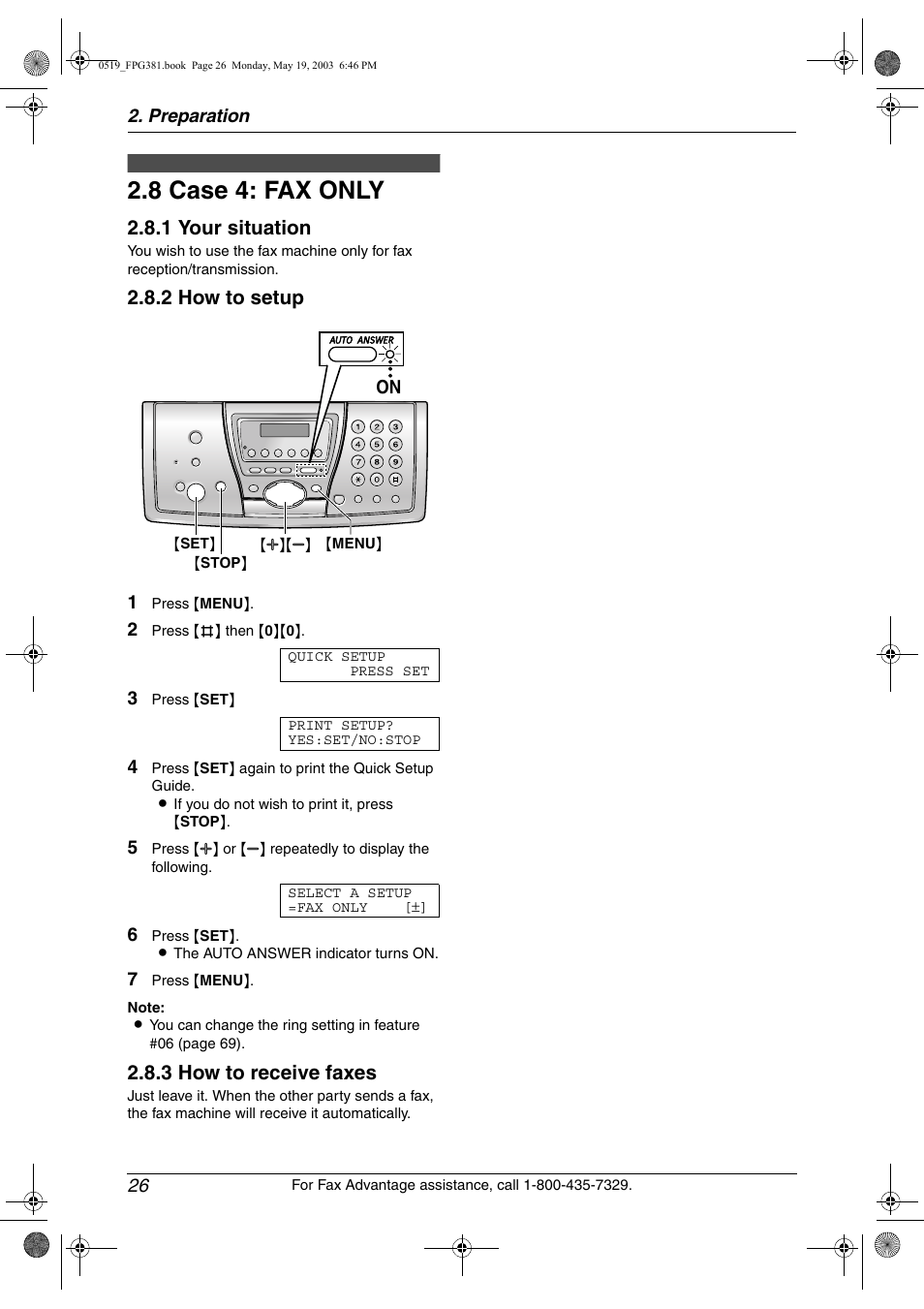 Case 4: fax only, 8 case 4: fax only, 1 your situation | 2 how to setup, 3 how to receive faxes | Panasonic KX-FPG381 User Manual | Page 28 / 106