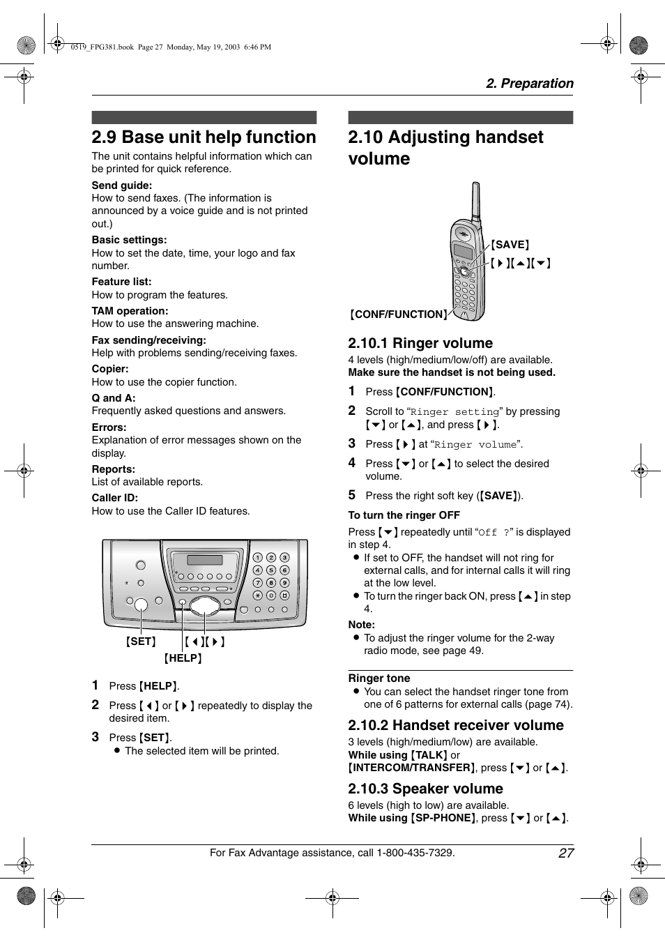 Help button, Volume, Base unit help function | Adjusting handset volume, 9 base unit help function, 10 adjusting handset volume, 1 ringer volume, 2 handset receiver volume, 3 speaker volume | Panasonic KX-FPG381 User Manual | Page 29 / 106