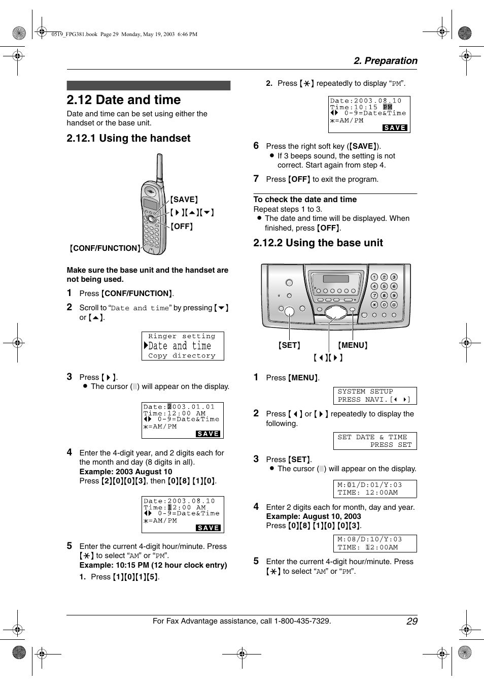 Initial programming, Date and time, 12 date and time | 1 using the handset, 2 using the base unit | Panasonic KX-FPG381 User Manual | Page 31 / 106
