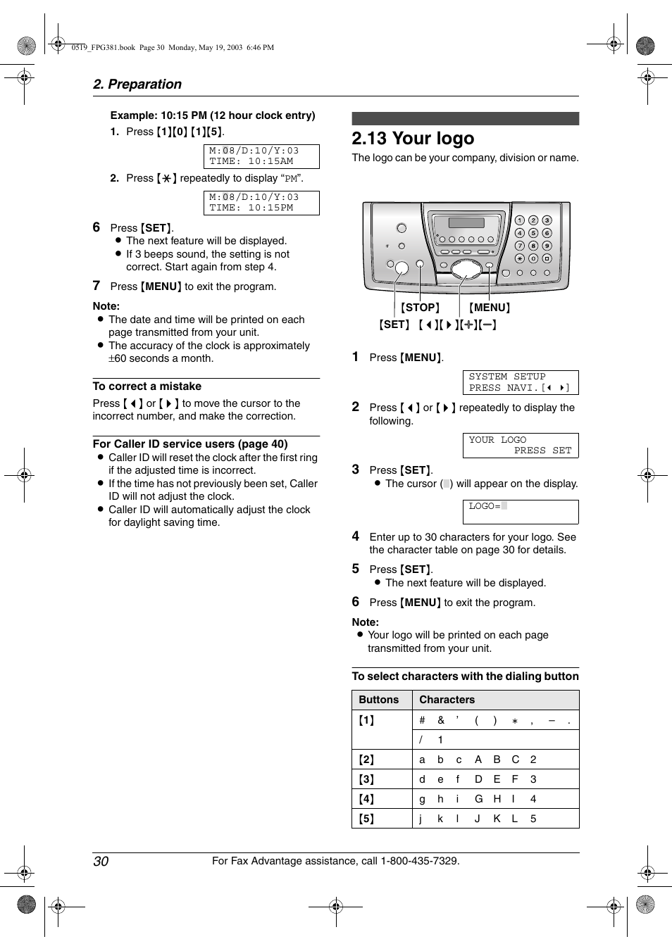 Your logo, 13 your logo, Preparation 30 | Panasonic KX-FPG381 User Manual | Page 32 / 106