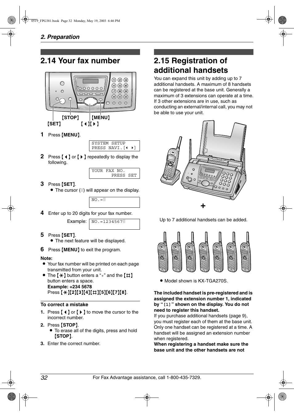 Option, Your fax number, Registration of additional handsets | 14 your fax number, 15 registration of additional handsets | Panasonic KX-FPG381 User Manual | Page 34 / 106
