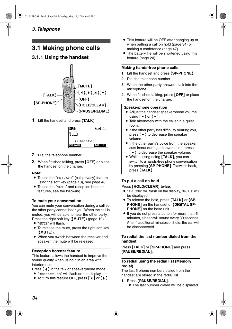 Telephone, Making and answering calls, Making phone calls | 1 making phone calls, 1 using the handset, Telephone 34 | Panasonic KX-FPG381 User Manual | Page 36 / 106