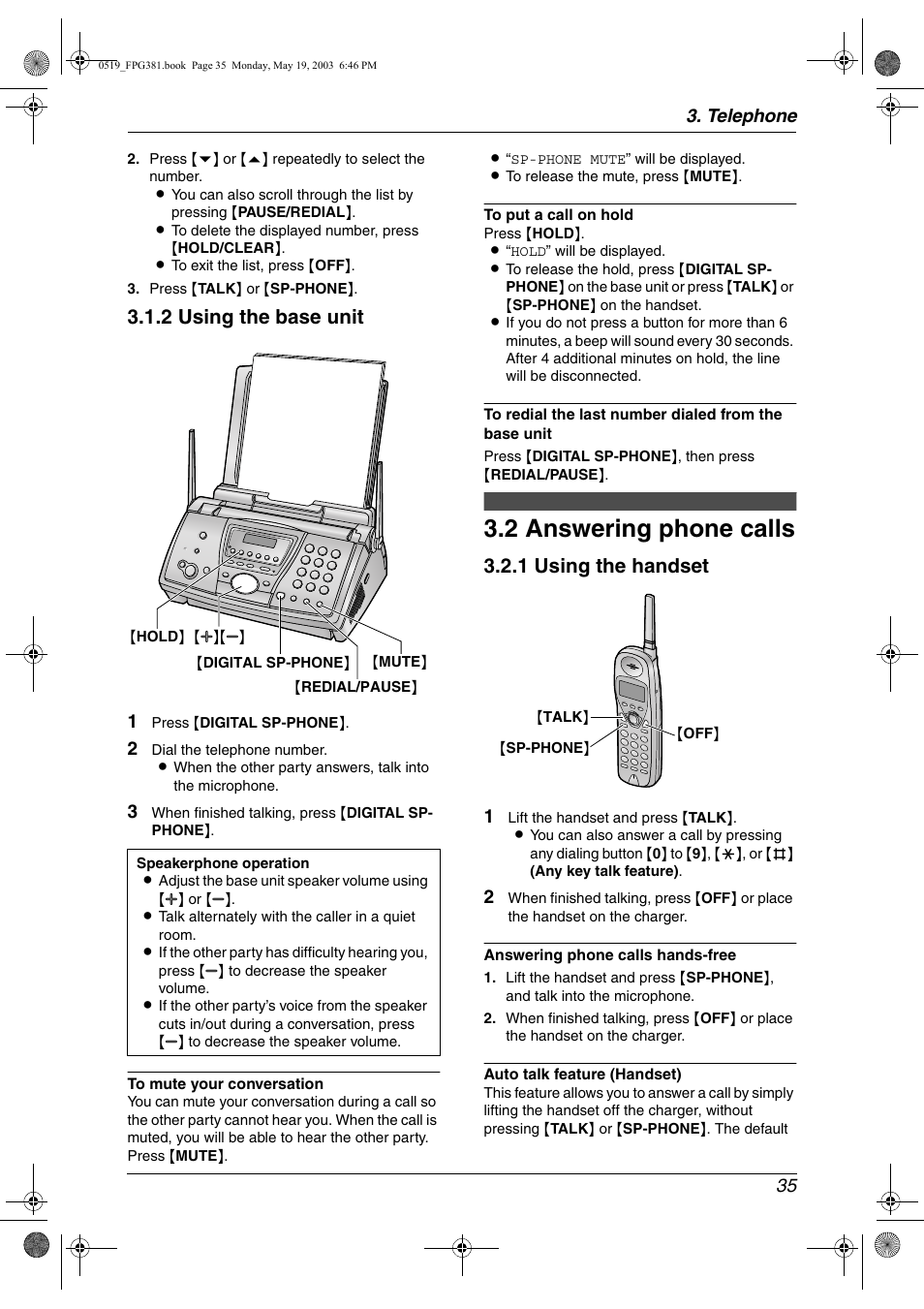 Answering phone calls, 2 answering phone calls, 2 using the base unit | 1 using the handset | Panasonic KX-FPG381 User Manual | Page 37 / 106