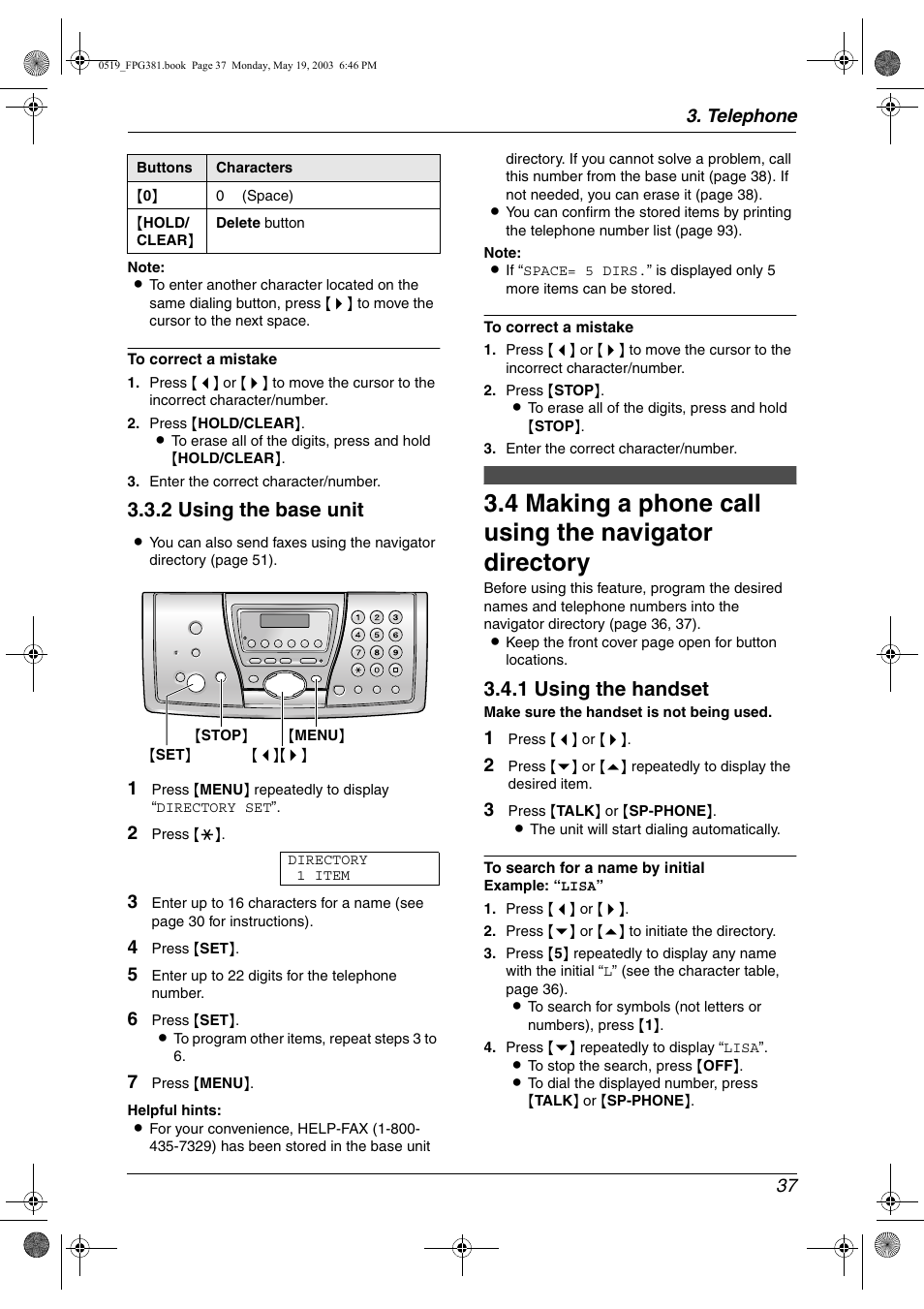 Making a phone call using the navigator, Directory, 2 using the base unit | 1 using the handset | Panasonic KX-FPG381 User Manual | Page 39 / 106