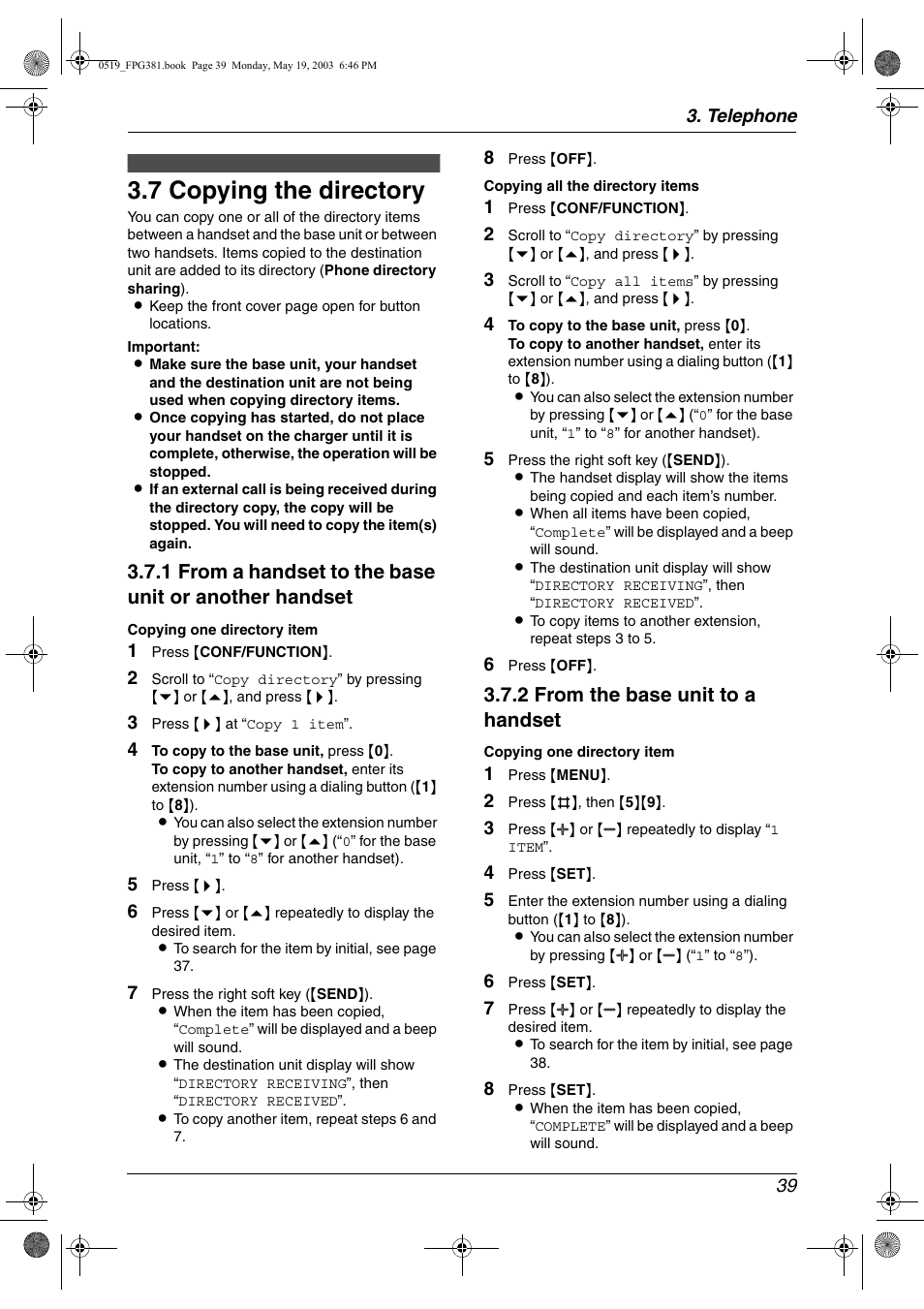 Copying the directory, 7 copying the directory, 2 from the base unit to a handset | Panasonic KX-FPG381 User Manual | Page 41 / 106
