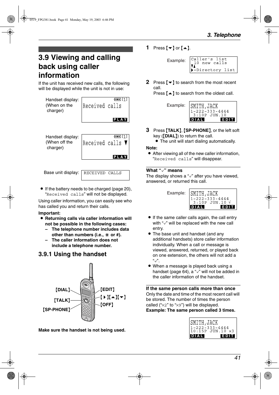 Viewing and calling back using caller information, 1 using the handset, Telephone 41 | Panasonic KX-FPG381 User Manual | Page 43 / 106