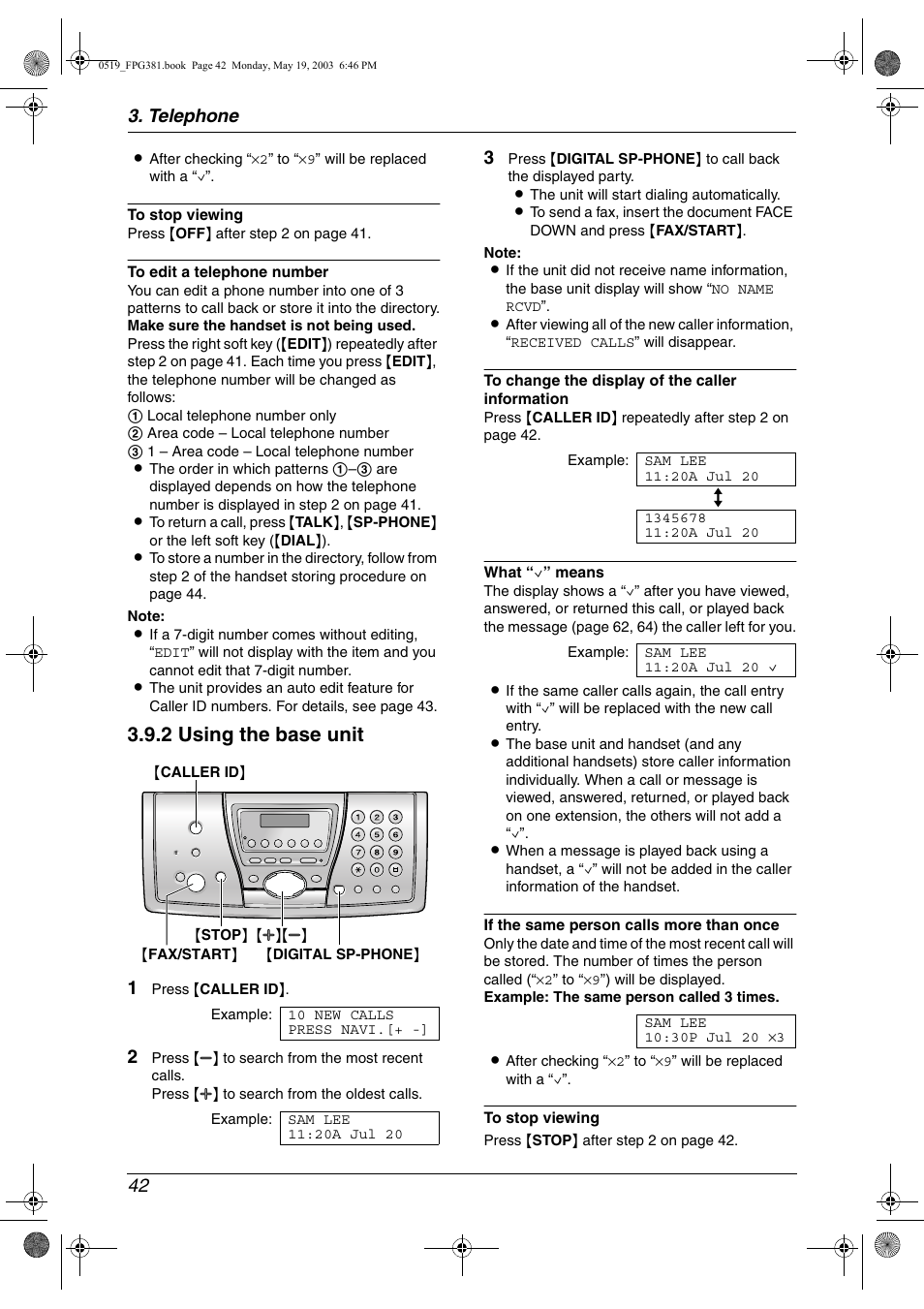 2 using the base unit, Telephone 42 | Panasonic KX-FPG381 User Manual | Page 44 / 106
