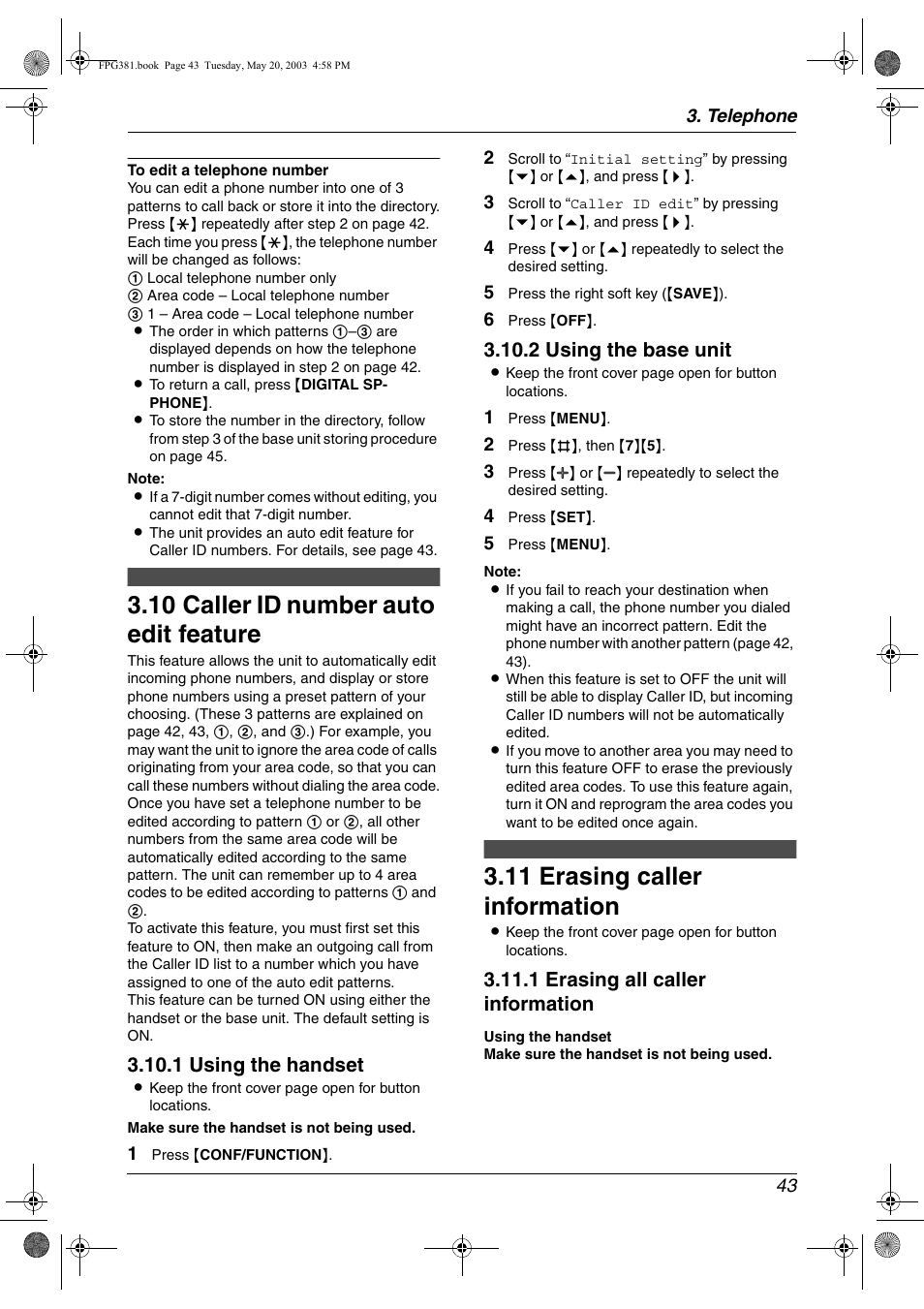 Caller id number auto edit feature, Erasing caller information, 10 caller id number auto edit feature | 11 erasing caller information, 1 using the handset, 2 using the base unit, 1 erasing all caller information | Panasonic KX-FPG381 User Manual | Page 45 / 106