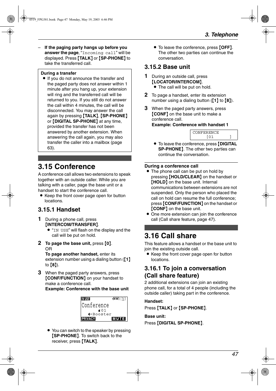 Conference, Call share, 15 conference | 16 call share, 1 handset, 2 base unit, 1 to join a conversation (call share feature) | Panasonic KX-FPG381 User Manual | Page 49 / 106